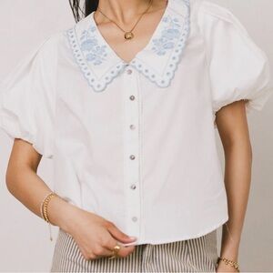 Bohme Entro Lace Embroidered Button Down White Puff Sleeve Cotton Top Feminine